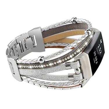 Imagem de YONWORTH Pulseira de couro Posh compatível com Fitbit Charge 4 3 pulseiras, pulseiras femininas Boho pulseiras joias tiras de substituição multicamadas para acessórios 4/3/3SE (prata purpurina)