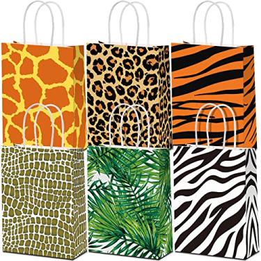 Imagem de 24 Pieces Animal Print Gift Bags Safari Jungle Party Favor Bag with Handle, Paper Zoo Wildlife Goodie Treat Bags Leopard Tiger Zebra Giraffe Pattern for Animal Themed Baby Shower Birthday Supplies