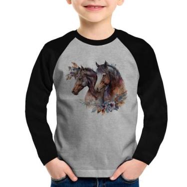 Imagem de Camiseta Raglan Infantil Casal De Cavalos E Flores Manga Longa - Foca