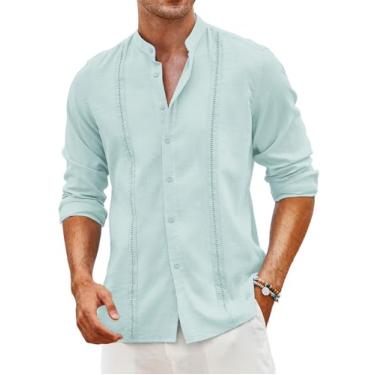 Imagem de COOFANDY Camisas masculinas cubanas Guayabera camisas casuais de manga comprida com botões gola redonda linho camisas de praia de verão, Azul bebê, M