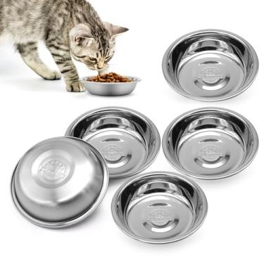 Imagem de 5 peças tigelas para gatos, para bigodes, rasas e planas, de aço inoxidável, pratos metálicos para gatos, alívio da fadiga, placas básicas de substituição para gatos para suporte elevado, podem ser lavadas na lava-louças