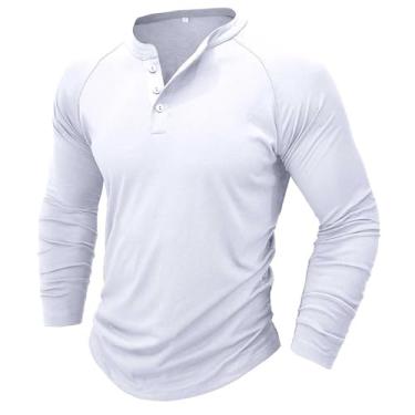 Imagem de Camisetas masculinas de manga comprida para homens gola canoa malhar atlética jogger quente básica outono inverno 2024, W-027 Branco, GG