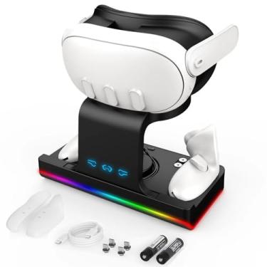 Imagem de Base de carregamento para Meta Quest 3, suporte de carregamento magnético para correia de cabeça e controlador VR, com luz indicadora LED, 2 baterias recarregáveis ​​de 1800mAh, cabo USB-C.（preto）