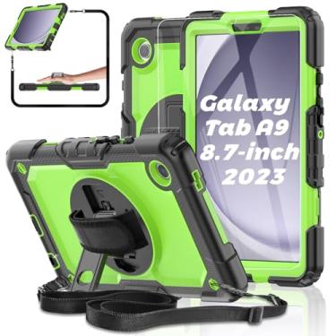 Imagem de Capa para Samsung Galaxy Tab A9 22.1 cm [com película de vidro temperado] 2023 (SM-X110/X115/X117), capa resistente à prova de choque, suporte giratório, alça de ombro e mão para A9 22.1 cm (verde)