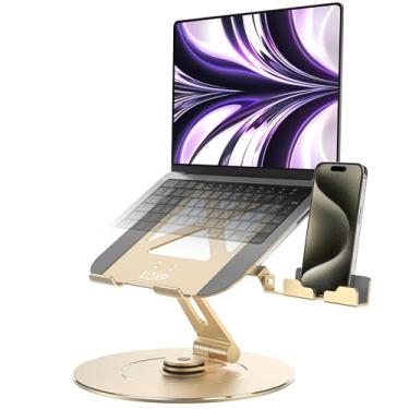 Imagem de LOXP Ultra-Stable Aluminumy Swivel Laptop Stand for Desk with Rotating Foldable Phone Holder, 300% Large Base Stability, Anti-Loosening,Suitable for 10"-17.3" Laptops, Champagne Golden