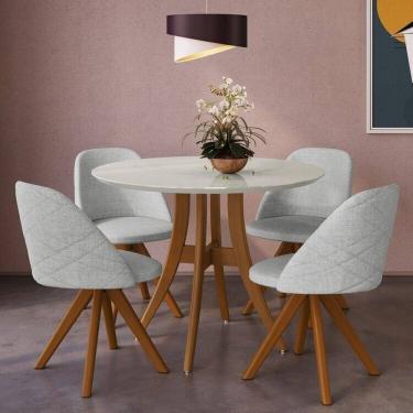 Imagem de Conjunto Sala de Jantar Mesa Redonda com Tampo em Mdf com Vidro Cinza, Pés Madeira Maciça 4 Cadeiras Imbuia /Cinza Claro