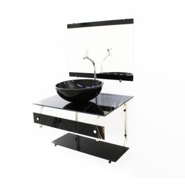 Imagem de Gabinete Banheiro 60Cm Cuba Redonda Mármore Preto+Torneira - Cubas E G