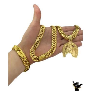 Imagem de Corrente Grumet 13mm + Pulseira + Pingente Ferradura Cavalo - Banhado 