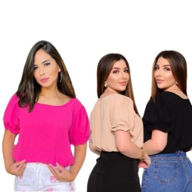 Imagem de Kit 3 Blusas Feminina Manga Curta Camiseta Básica Social - Anneguerra,