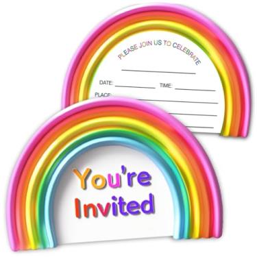 Imagem de XIAOPNN Convite de festa de aniversário boho arco-íris para meninas, suprimentos de festa de aniversário infantil, 30 cartões com 30 envelopes