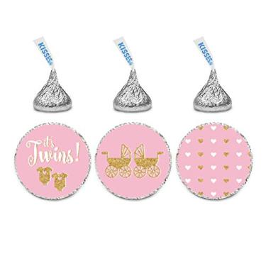 Imagem de Andaz Press Chocolate Drop Labels Trio, Chá de bebê, 216 unidades, It's Twins!, Pink With Printed Gold Glitter