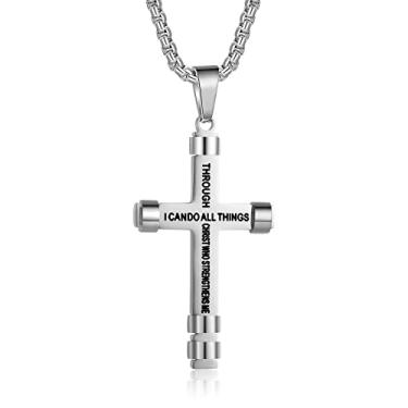 Imagem de ZRAY Colar com cruz de Filipenses 4:13 para homens, versículo bíblico, com pingente I CAN DO ALL THINGS, corrente de aço inoxidável, joia significativa, presente para meninos, Aço inoxidável, Sem