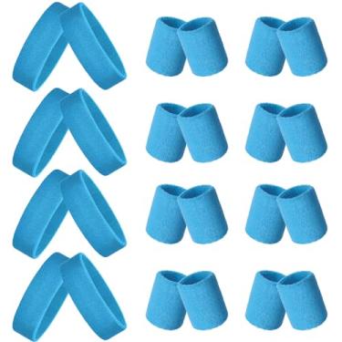 Imagem de Skylety Conjunto de 24 faixas de suor neon dos anos 80, inclui 8 faixas esportivas e 16 pulseiras elásticas atléticas para suor para homens e mulheres festa dos anos 80 (azul celeste)