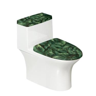 Imagem de Wiryuouvt Capas de tampa de vaso sanitário de folhas verdes para banheiro, conjunto de tampa de vaso sanitário, oval, capa de assento de vaso sanitário com decoração de cinto retrátil, presentes