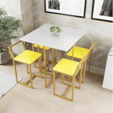 Imagem de Conjunto de Mesa Branca 4 Cadeiras Pequena Estofado Industrial Dourado (Amarelo)