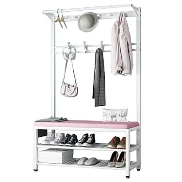 Imagem de Árvore de entrada 4 em 1 com banco de armazenamento, cabideiro com banco de sapatos, suporte de casaco com sapateira de 2 camadas e 10 ganchos para corredor de entrada, fácil de montar