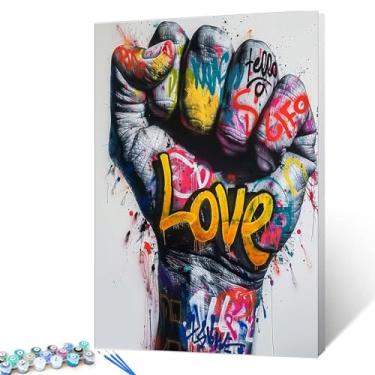 Imagem de Kit de pintura de punho de aperto de graffiti para meninos e meninas, pintura colorida por números para iniciantes "Hello Love", placa em tela com pincéis, tintas acrílicas divertidas, 40 x 50 cm (sem