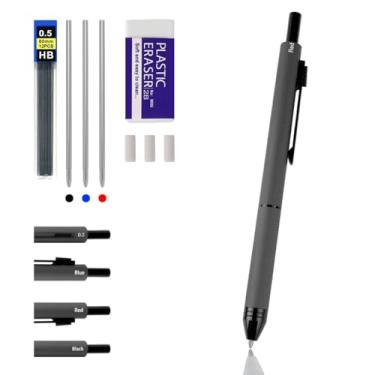 Imagem de Caneta esferográfica multifuncional 4 em 1, recarregável e retrátil, preta, vermelha, azul e lápis multicolorido de 0,5 mm, caneta multicolorida com caixa de presente de metal (cinza)