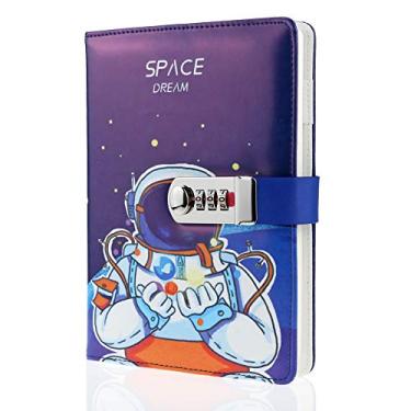 Imagem de Mazeran Diário com cadeado combinado, capa dura de couro PU, caderno com tema astronauta, caderno fofo, agenda pessoal forrada com senha A5, organizador secreto, presente para crianças e adolescentes