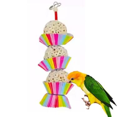 Imagem de Brinquedos de mastigar para pássaros, bolas de sola natural, brinquedo de pássaro de madeira feito à mão, leve, copos de bolo de grau de padaria, bola de madeira sola desfiável, brinquedo de mastigar