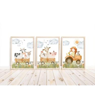 Imagem de Kit 3 Quadros Decorativos Animais Fazendinha Trator Quarto Menina Deco