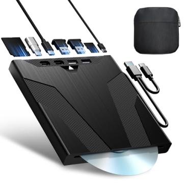 Imagem de Wbacon Unidade externa de CD/DVD 8 em 1 para laptop, leitor de CD com compartimento para laptop, unidade de CDs, unidade externa de DVD, gravador de CD externo compatível com PC Windows Linux MacOS (+