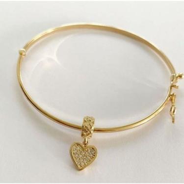 Imagem de Bracelete Liso Com Pingente Berloque Coração Em Banho De Ouro
