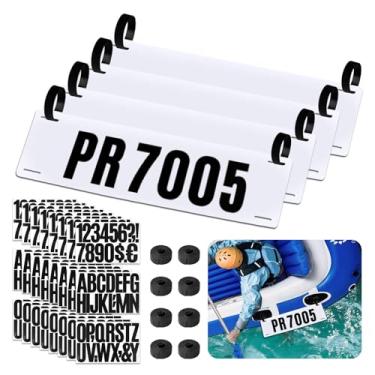 Imagem de 4 placas de registro de barco com adesivos, placa branca durável com número de registro de barco para bote inflável, placa em branco com número de registro de barco com corda de nylon cortável