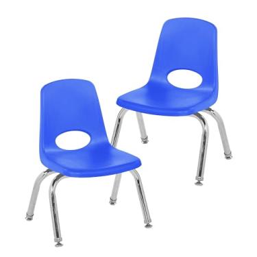 Imagem de Cadeira escolar empilhável de 25,4 cm, assento de estudante empilhável com pernas de aço cromado e deslizadores giratórios; para pré-escola, sala de aula ou escola em casa - azul (pacote com 2
