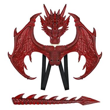 Imagem de HyperFun Dragon Wings Costume for Kids Dinosaur Tail Mask Set, Cool Halloween Costume Cosplay Dragon Costume Mask for Children Boys (Flame Red)