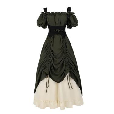 Imagem de Nuoqi Fantasia renascentista feminina ombro de fora camisa camponesa cordão saia vitoriana, verde, P