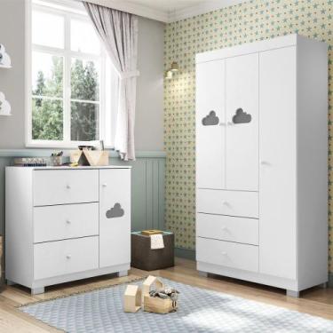 Imagem de Conjunto Infantil Guarda Roupa 3 Portas e Cômoda Duda 100% MDF Branco 
