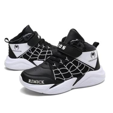Imagem de RIMICK Tênis infantil para meninos pequenos, moderno, leve, largo, tênis infantil, atlético, basquete, futebol, vôlei, corrida infantil, desenho animado, Cano alto preto, 2.5 Little Kid