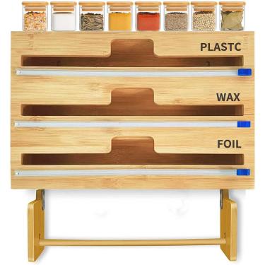 Imagem de Suporte Organizador De Rolo De Bambu, Dispensador De Filme Plástico 4 Em 1 Dispensador De Filme Com Cortador, Dispensador De Papel Alumínio E Papel Manteiga Para Gaveta De Parede De Cozinha