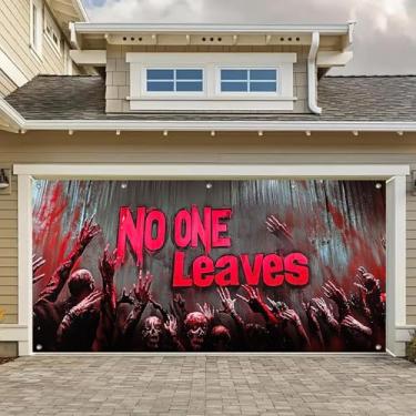 Imagem de HOMETITUTE Capa de porta de garagem de Halloween 4 x 1,8 m, faixa de parede de zumbi, ninguém deixa mensagem sangrenta, decoração de garagem, cenário de terror, decorações de Halloween, pôster