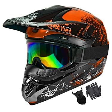 Imagem de SanQing Capacete de Motocross Fashion Juvenil Crianças Dirt Bike Capacete Unissex Adulto Dirt Bike Off-Road Mountain Bike Capacete de Motocicleta Aprovado pelo DOT (Luvas Óculos Óculos Face Shield) Conjunto de 4 peças (laranja, pequeno)