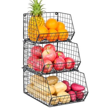 Imagem de Cesta de frutas montada na parede de 3 camadas para cozinha, cestas de arame empilháveis XLYBSST Rack de armazenamento de metal para frutas, legumes e organização de cozinha, economia de espaço