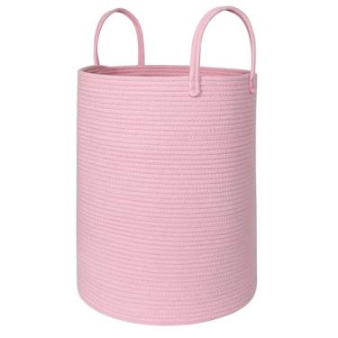 Imagem de MEGASKET Grande cesto de roupa suja rosa, 38 cm x 45 cm de altura para sala de estar, cesto de roupa suja de corda de algodão para meninas e bebês, decoração de quarto rosa, cesto decorativo para