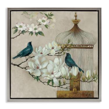 Imagem de Stupell Industries Design de arte de parede em tela flutuante cinza floral Bluebird Menagerie por Elaine Vollherbst, 63 x 63 cm