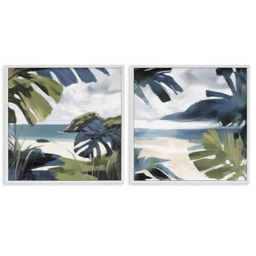 Imagem de Stupell Industries Conjunto de arte giclée emoldurado branco com 2 peças de cenas de praia Tropical Vibes por Elara Yasna, 17 x 17