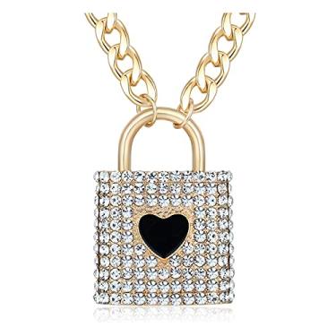 Imagem de Colar de cadeado de strass feminino corrente grossa esmalte coração gargantilha pingente hip hop fantasia joia, Cristal, Strass