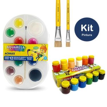 Imagem de Kit Pintura Escolar Guache Tempera 12 Cores Não Tóxica + Aquarela 12 C