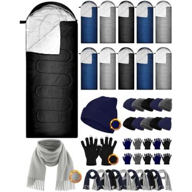 Imagem de Tranqun Conjunto de 10 sacos de dormir para adultos com 10 gorros de inverno, luvas de tela sensível ao toque, lenços, forro de algodão, impermeável, acampamento, saco de dormir para mochilão