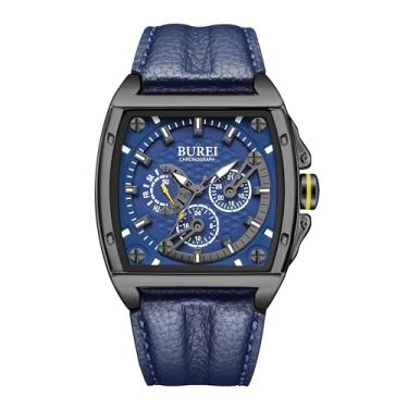 Imagem de BUREI Relógio masculino exclusivo Tonneau relógio casual multimostrador/resistente à água/cronógrafo pulseira de couro azul elegante relógio masculino legal