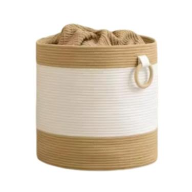Imagem de Cesto Organizador Redondo Decorativo Algodão Lavanderia Grande Cobertores Offwhite 45x45 com Alças em argola