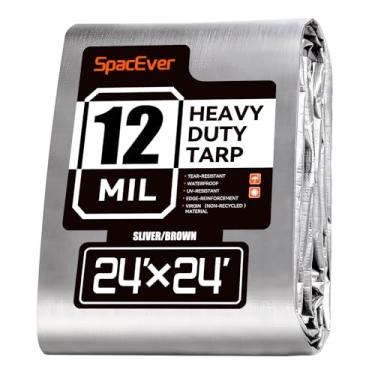 Imagem de Spacever Lona resistente 60 x 61 m, lona grande de 12 mm de espessura à prova d'água com ilhós, resistente a UV e rasgos, capa de plástico para barraca de piscina lenha, prata e marrom