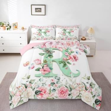 Imagem de Erosebridal Conjunto de edredom personalizado com letra verde em aquarela, letra R, tamanho solteiro, para crianças, meninos, meninas, rosa, flores românticas, borboletas, colcha floral