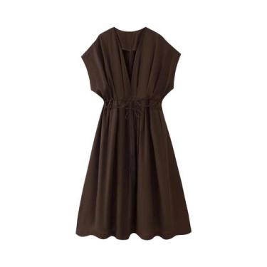 Imagem de Vestido Vintage Marrom Sem Mangas Com Decote Em V E Faixas Drapeadas, 