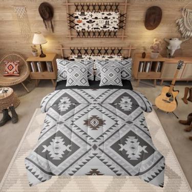Imagem de Erosebridal Conjunto de edredom Queen rústico com 7 peças, boêmio ocidental, asteca, em uma bolsa, geométrico, para crianças e adultos, conjunto de cama cinza vintage