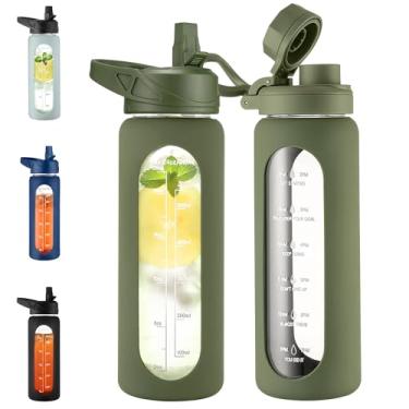 Imagem de CIVAGO Garrafa de água de vidro de 680 g com canudo e alça, grande garrafa de água motivacional esportiva com marcador de tempo e 2 tampas, jarro à prova de vazamento com manga de silicone para